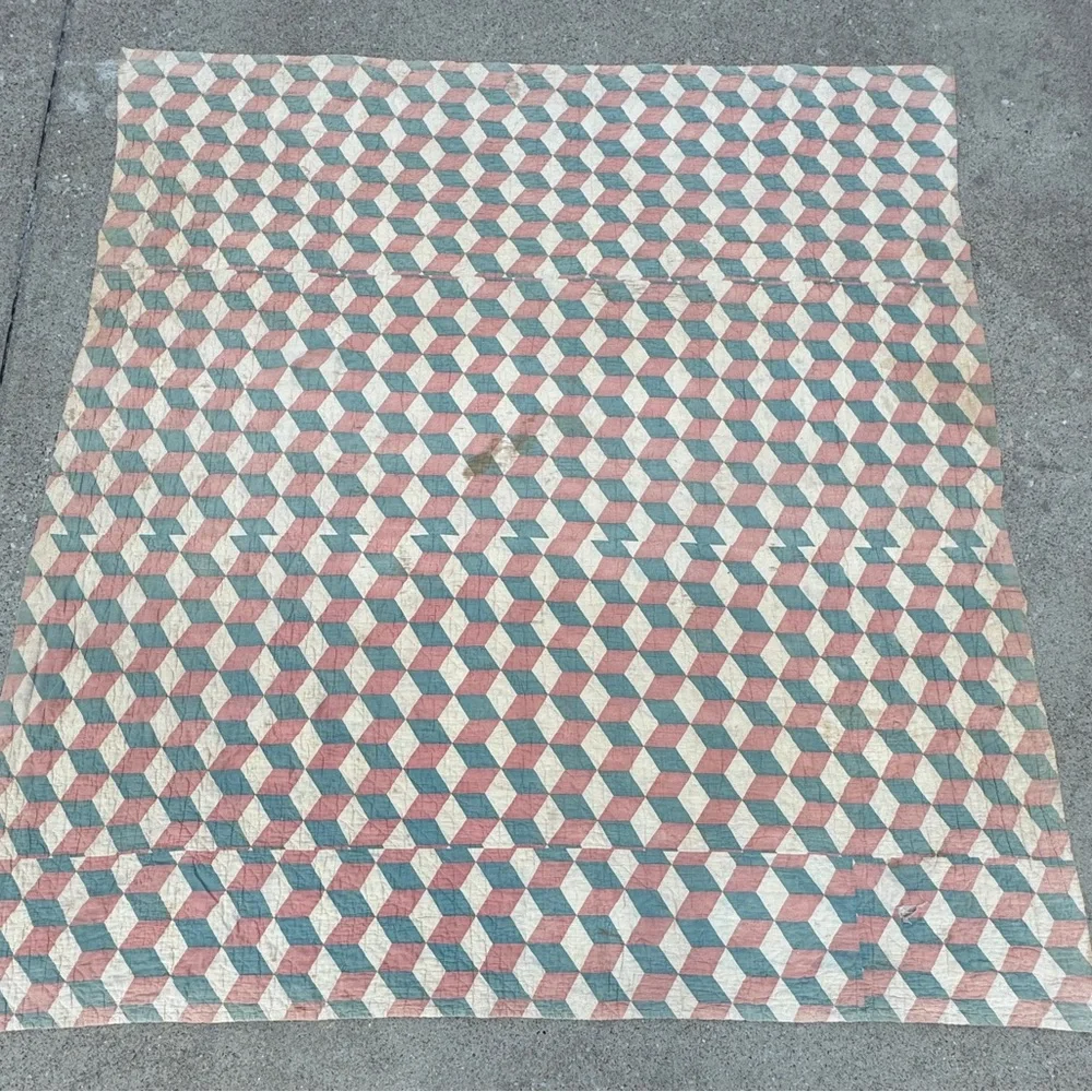 Antique 1880-1910, Reversible Quilt, Churn Dash & Tumbling Blocks. 74x78”. TVR